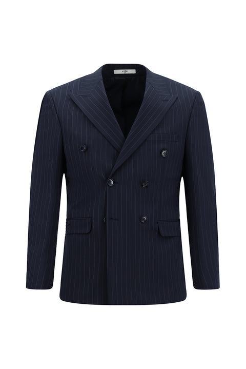 Koyu Lacivert 7 Drop Slim Fit Dar Kesim Yünlü Çizgili Kruvaze Takım Elbise