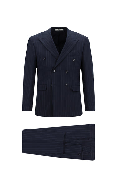  Koyu Lacivert Slim Fit Dar Kesim Yünlü Çizgili Kruvaze Takım Elbise