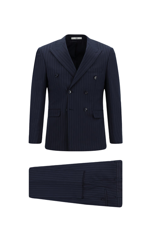 Koyu Lacivert 7 Drop Slim Fit Dar Kesim Yünlü Çizgili Kruvaze Takım Elbise