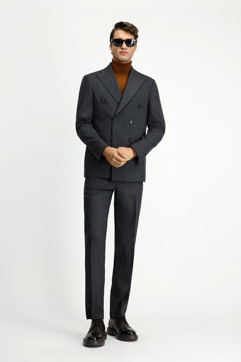 Orta Antrasit 7 Drop Slim Fit Dar Kesim Yünlü Çizgili Kruvaze Takım Elbise