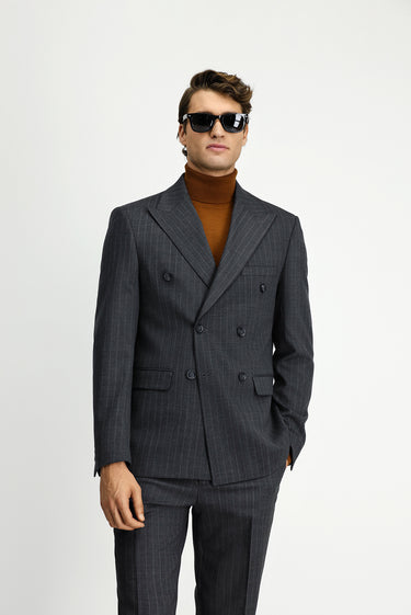  Orta Antrasit Slim Fit Dar Kesim Yünlü Çizgili Kruvaze Takım Elbise