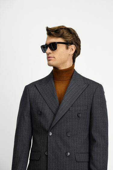  Orta Antrasit Slim Fit Dar Kesim Yünlü Çizgili Kruvaze Takım Elbise
