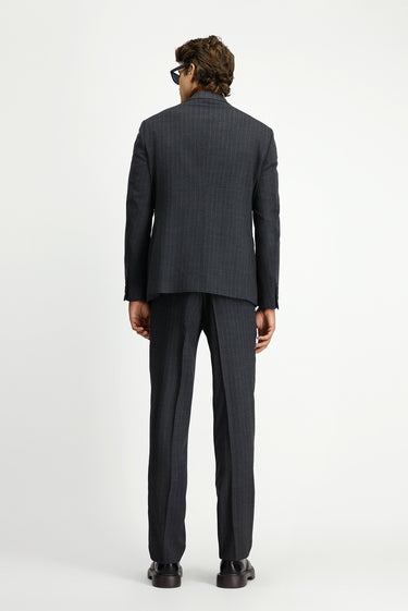 Orta Antrasit Slim Fit Dar Kesim Yünlü Çizgili Kruvaze Takım Elbise