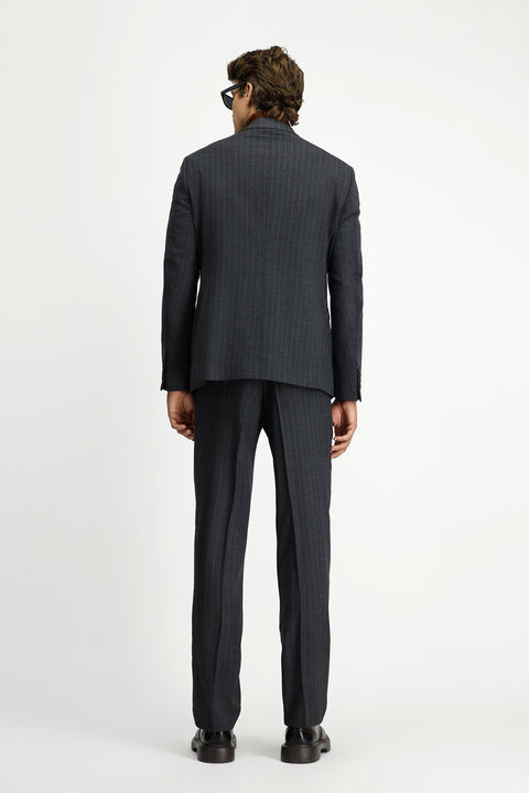 Orta Antrasit 7 Drop Slim Fit Dar Kesim Yünlü Çizgili Kruvaze Takım Elbise