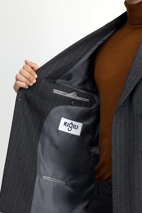 Orta Antrasit 7 Drop Slim Fit Dar Kesim Yünlü Çizgili Kruvaze Takım Elbise