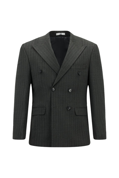 Orta Antrasit 7 Drop Slim Fit Dar Kesim Yünlü Çizgili Kruvaze Takım Elbise