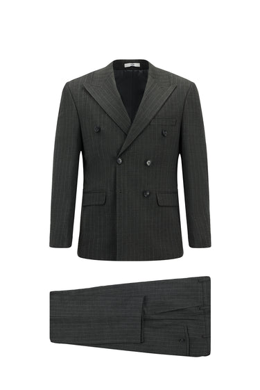  Orta Antrasit Slim Fit Dar Kesim Yünlü Çizgili Kruvaze Takım Elbise
