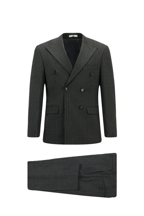 Orta Antrasit 7 Drop Slim Fit Dar Kesim Yünlü Çizgili Kruvaze Takım Elbise