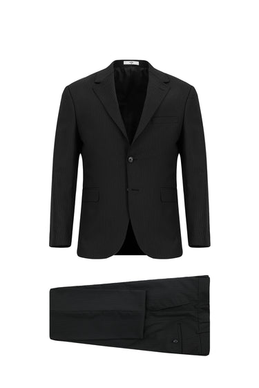  Siyah Slim Fit Dar Kesim Yünlü Çizgili Klasik Takım Elbise