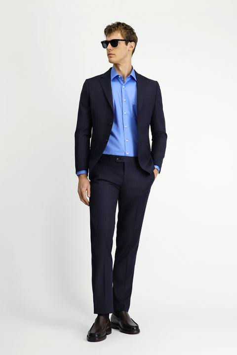 Orta Lacivert 7 Drop Slim Fit Dar Kesim Yünlü Çizgili Takım Elbise