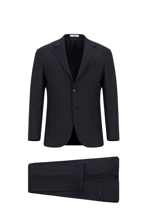 Orta Lacivert 7 Drop Slim Fit Dar Kesim Yünlü Çizgili Takım Elbise