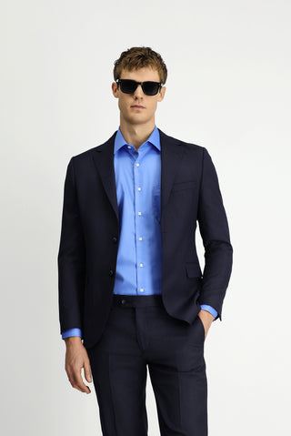  Orta Lacivert Slim Fit Dar Kesim Yünlü Çizgili Klasik Takım Elbise