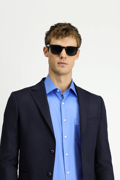 Orta Lacivert 7 Drop Slim Fit Dar Kesim Yünlü Çizgili Takım Elbise