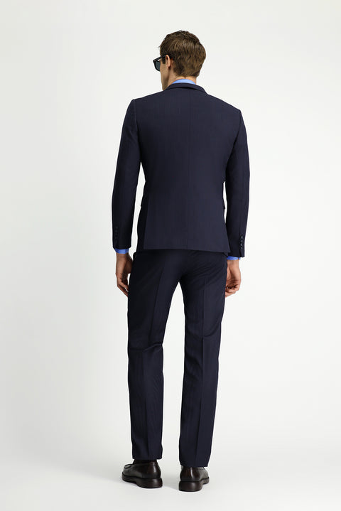 Orta Lacivert 7 Drop Slim Fit Dar Kesim Yünlü Çizgili Takım Elbise