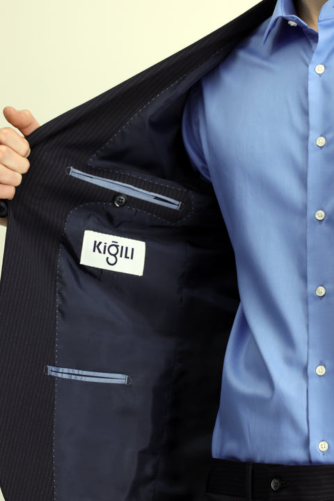 Orta Lacivert 7 Drop Slim Fit Dar Kesim Yünlü Çizgili Takım Elbise