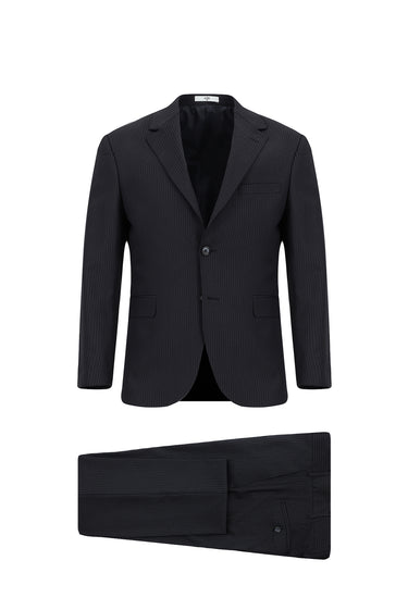 Koyu Lacivert Slim Fit Dar Kesim Yünlü Çizgili Klasik Takım Elbise