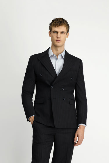  Siyah Regular Fit Çizgili Yünlü Kruvaze Takım Elbise