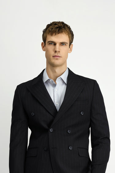  Siyah Regular Fit Çizgili Yünlü Kruvaze Takım Elbise