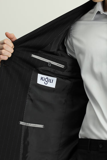 Siyah 6 Drop Regular Fit Standart Kesim Çizgili Yünlü Kruvaze Takım Elbise