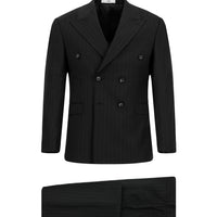 Siyah Regular Fit Çizgili Yünlü Kruvaze Takım Elbise