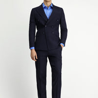 Orta Lacivert 6 Drop Regular Fit Standart Kesim Çizgili Yünlü Kruvaze Takım Elbise