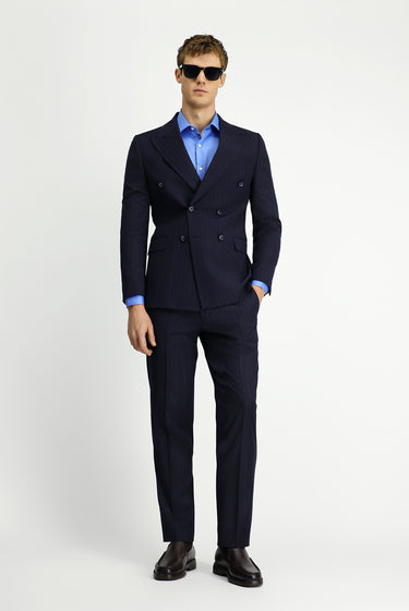  Orta Lacivert Regular Fit Çizgili Yünlü Kruvaze Takım Elbise