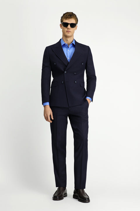 Orta Lacivert 6 Drop Regular Fit Standart Kesim Çizgili Yünlü Kruvaze Takım Elbise