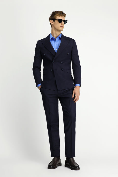 Orta Lacivert 6 Drop Regular Fit Standart Kesim Çizgili Yünlü Kruvaze Takım Elbise