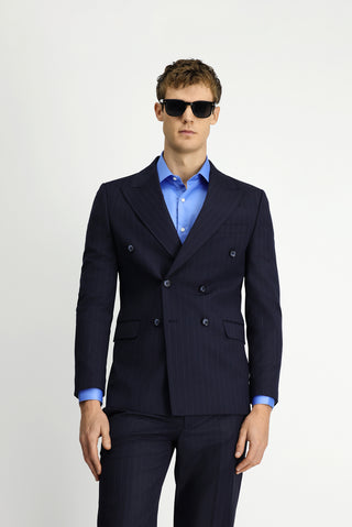  Orta Lacivert Regular Fit Çizgili Yünlü Kruvaze Takım Elbise