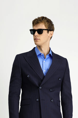  Orta Lacivert Regular Fit Çizgili Yünlü Kruvaze Takım Elbise