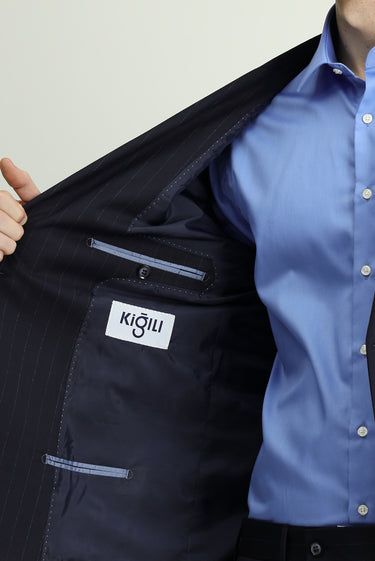 Orta Lacivert 6 Drop Regular Fit Standart Kesim Çizgili Yünlü Kruvaze Takım Elbise