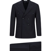 Orta Lacivert Regular Fit Çizgili Yünlü Kruvaze Takım Elbise