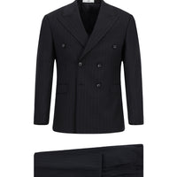 Koyu Lacivert Regular Fit Çizgili Yünlü Kruvaze Takım Elbise