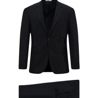 Koyu Lacivert 8 Drop Muscle Fit Uzun Atletik Kesim Mono Yaka Yünlü Çizgili Takım Elbise