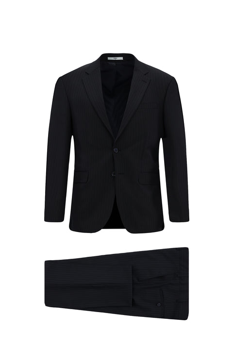 Koyu Lacivert 8 Drop Muscle Fit Uzun Atletik Kesim Mono Yaka Yünlü Çizgili Takım Elbise