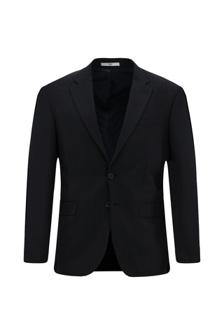  Koyu Lacivert 8 Drop Muscle Fit Uzun Atletik Kesim Mono Yaka Yünlü Çizgili Takım Elbise