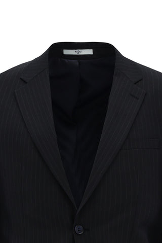  Koyu Lacivert 8 Drop Muscle Fit Uzun Atletik Kesim Mono Yaka Yünlü Çizgili Takım Elbise