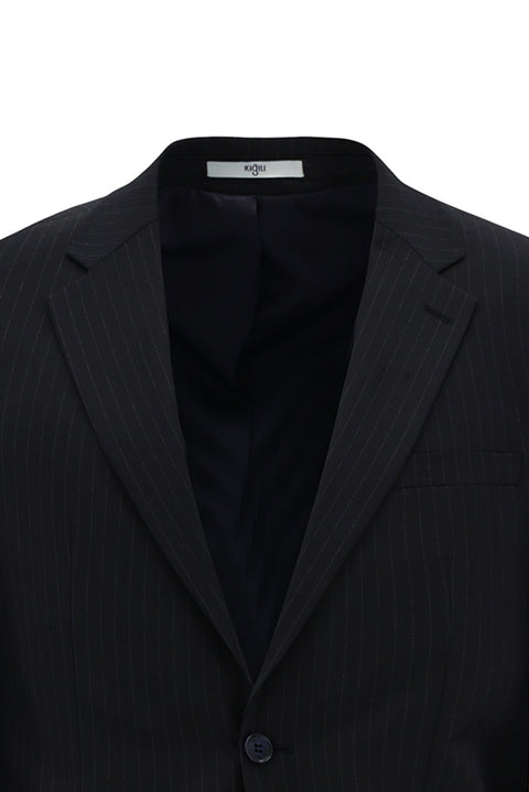 Koyu Lacivert 8 Drop Muscle Fit Uzun Atletik Kesim Mono Yaka Yünlü Çizgili Takım Elbise