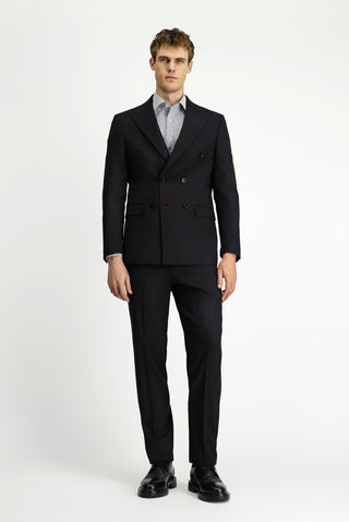  Siyah Regular Fit Çizgili Yünlü Kruvaze Takım Elbise