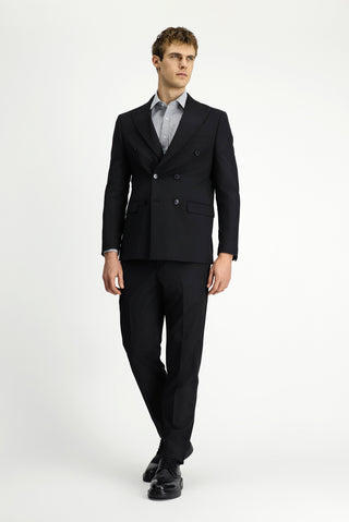  Siyah Regular Fit Çizgili Yünlü Kruvaze Takım Elbise