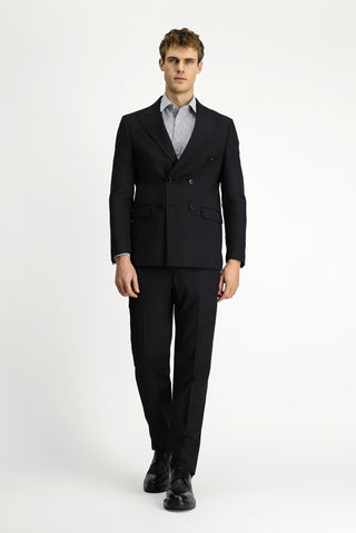  Siyah Regular Fit Çizgili Yünlü Kruvaze Takım Elbise