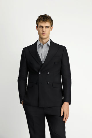  Siyah Regular Fit Çizgili Yünlü Kruvaze Takım Elbise