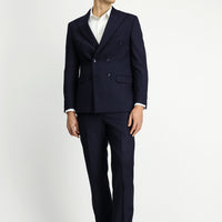 Orta Lacivert 6 Drop Regular Fit Standart Kesim Çizgili Yünlü Kruvaze Takım Elbise