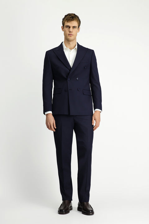 Orta Lacivert 6 Drop Regular Fit Standart Kesim Çizgili Yünlü Kruvaze Takım Elbise