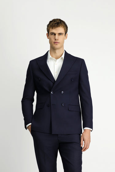  Orta Lacivert Regular Fit Çizgili Yünlü Kruvaze Takım Elbise