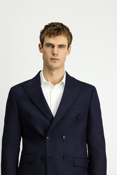  Orta Lacivert Regular Fit Çizgili Yünlü Kruvaze Takım Elbise