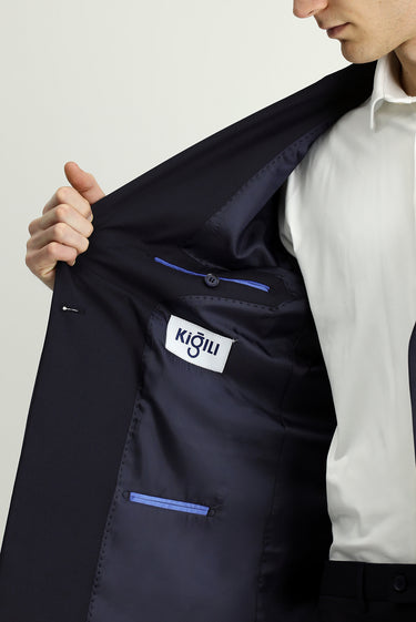 Orta Lacivert 6 Drop Regular Fit Standart Kesim Çizgili Yünlü Kruvaze Takım Elbise