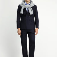 Koyu Lacivert Regular Fit Çizgili Yünlü Kruvaze Takım Elbise