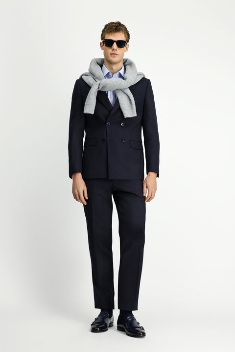 Koyu Lacivert 6 Drop Regular Fit Standart Kesim Çizgili Yünlü Kruvaze Takım Elbise