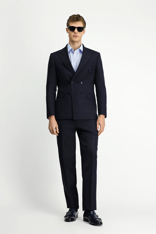  Koyu Lacivert Regular Fit Çizgili Yünlü Kruvaze Takım Elbise